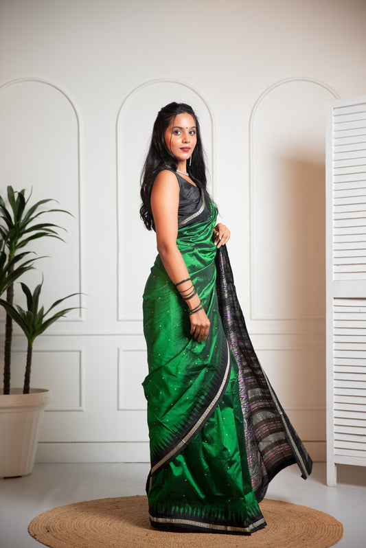 Iklauti Ekpulia - Dark Green Pure Silk Saree